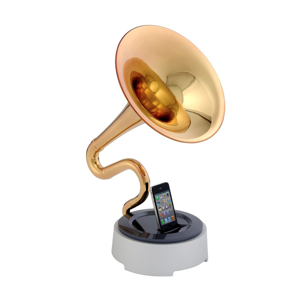 trumstand gramaphone iphone horn speaker dock gold